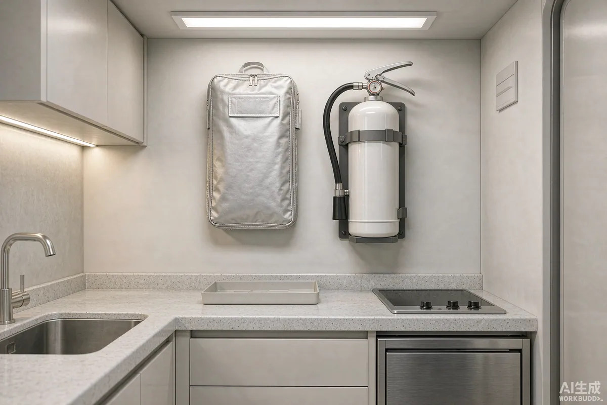 Fire extinguisher and folded fire blanket inside a compact capsule home kitchenette