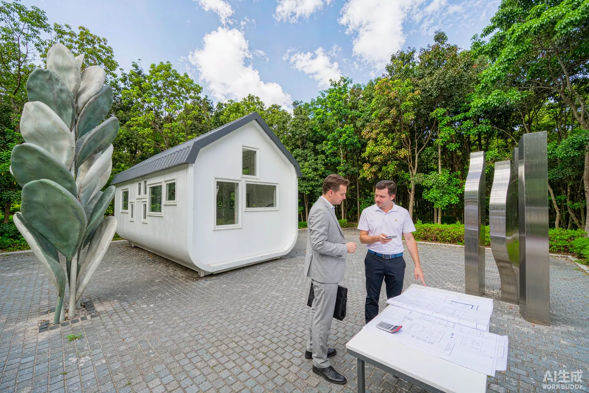 Overseas buyer and factory sales engineer reviewing specification sheets beside a capsule home