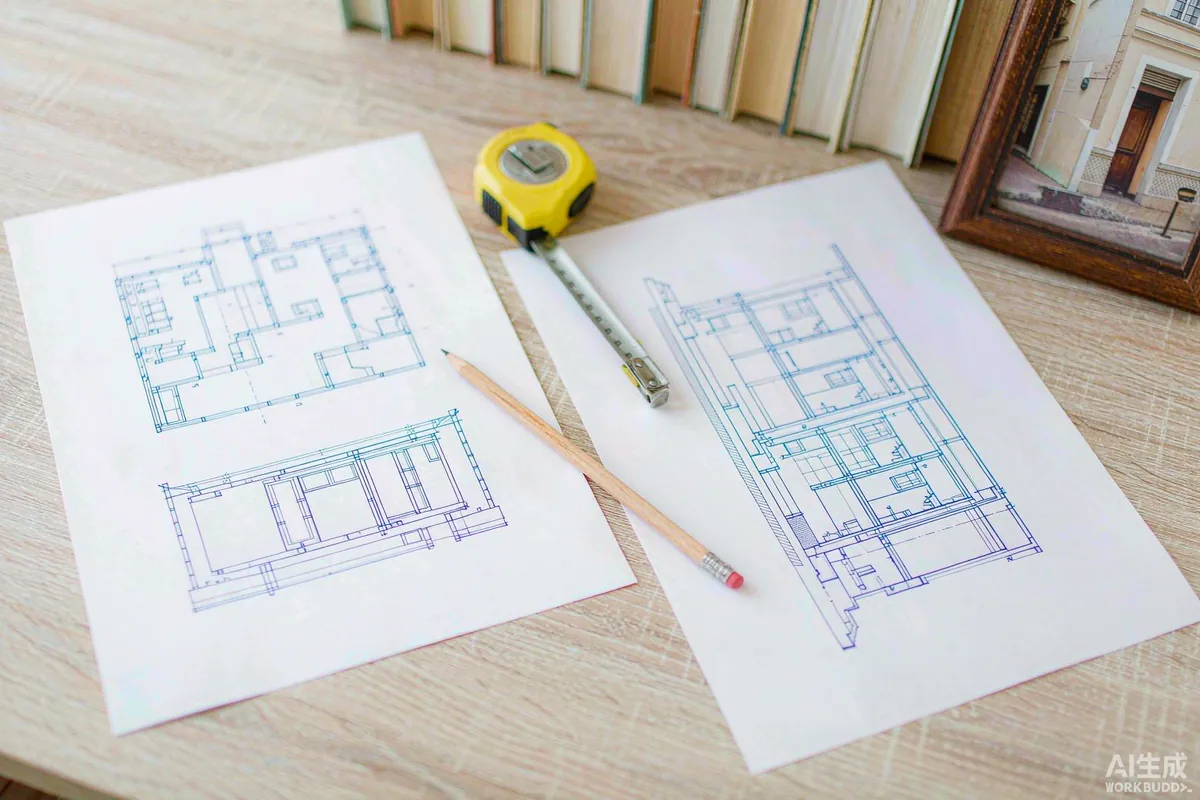 Floor plan drawing and specification sheet for a prefab capsule home on a desk