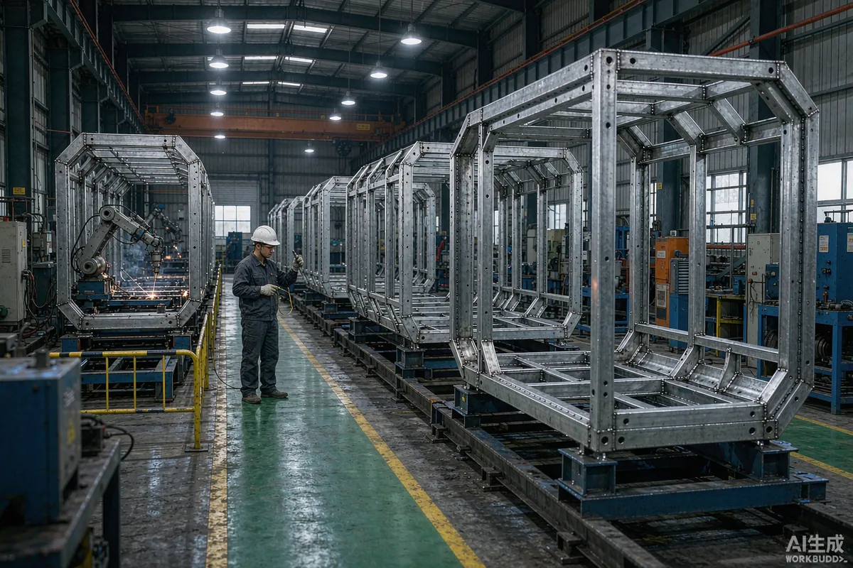 Factory production line with capsule home frames under assembly and a quality inspector at work