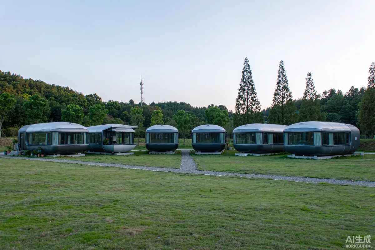 A row of identical prefab space capsule homes along a gravel path on a forested resort site