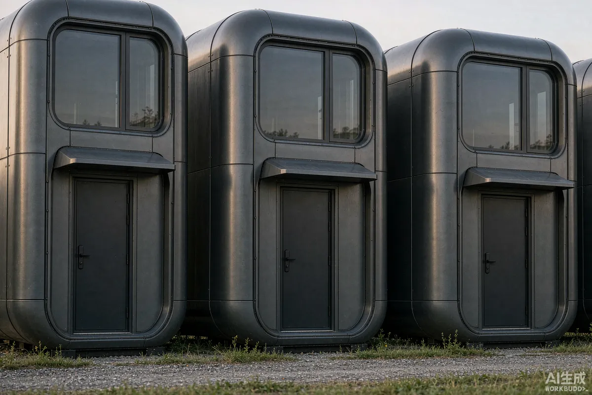 Close detail of matching exterior wall panels, window frames and entrance doors on identical capsule homes