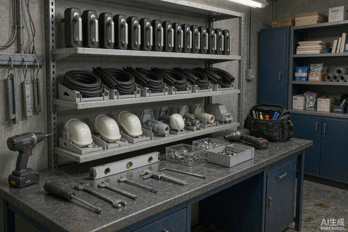 Workbench shelf holding organised identical spare parts for a fleet of prefab capsule homes