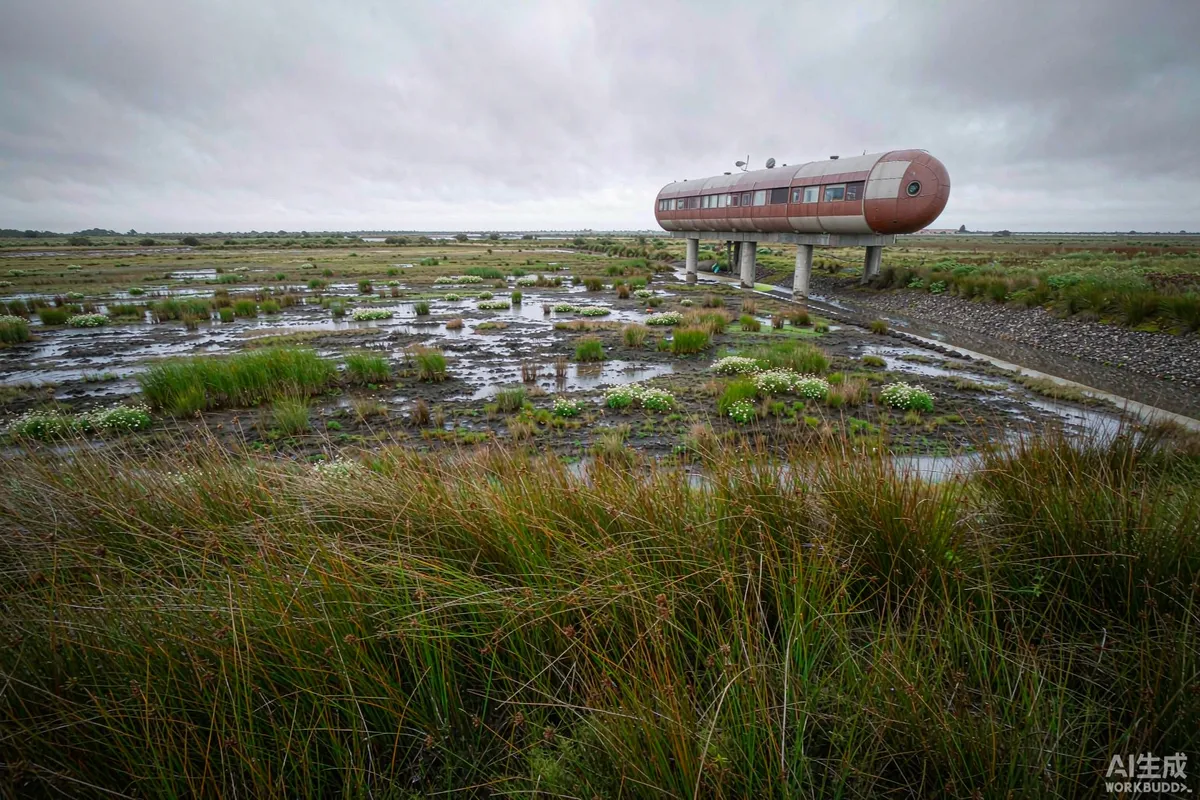 Prefab space capsule home raised on tall piers above a damp low-lying meadow after rain