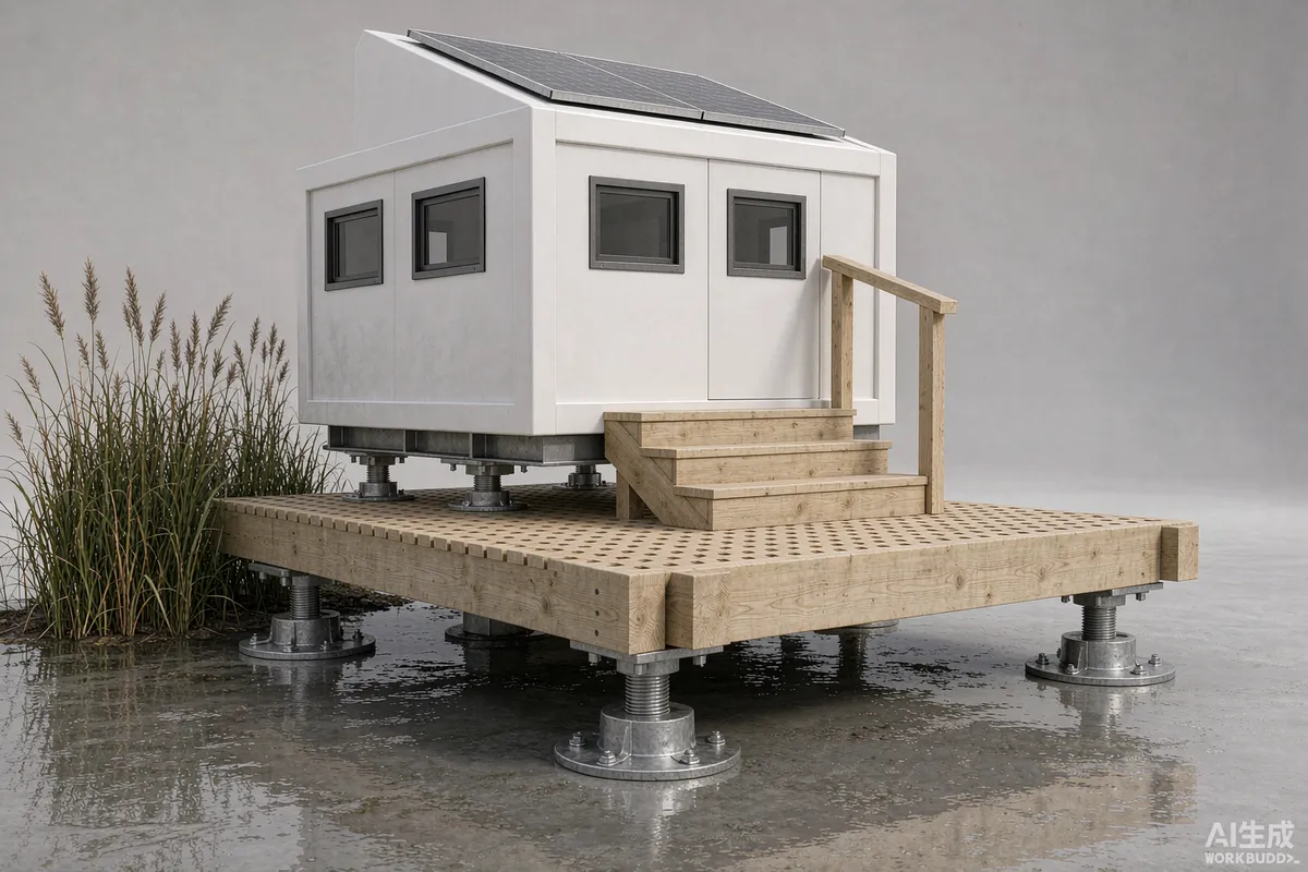 Adjustable steel piers and raised timber deck connection at the base of a prefab capsule home above wet ground
