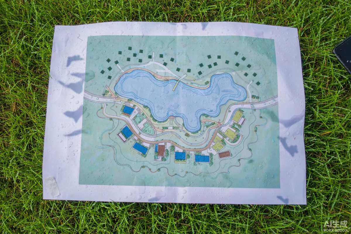Unmarked site drawing rolled out on wet grass showing unit placement above the water line with drainage swales