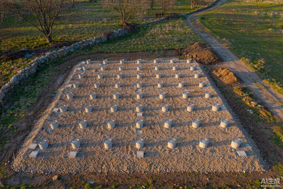 Prepared gravel pad with concrete pier foundations on a sloped site ready for a capsule home