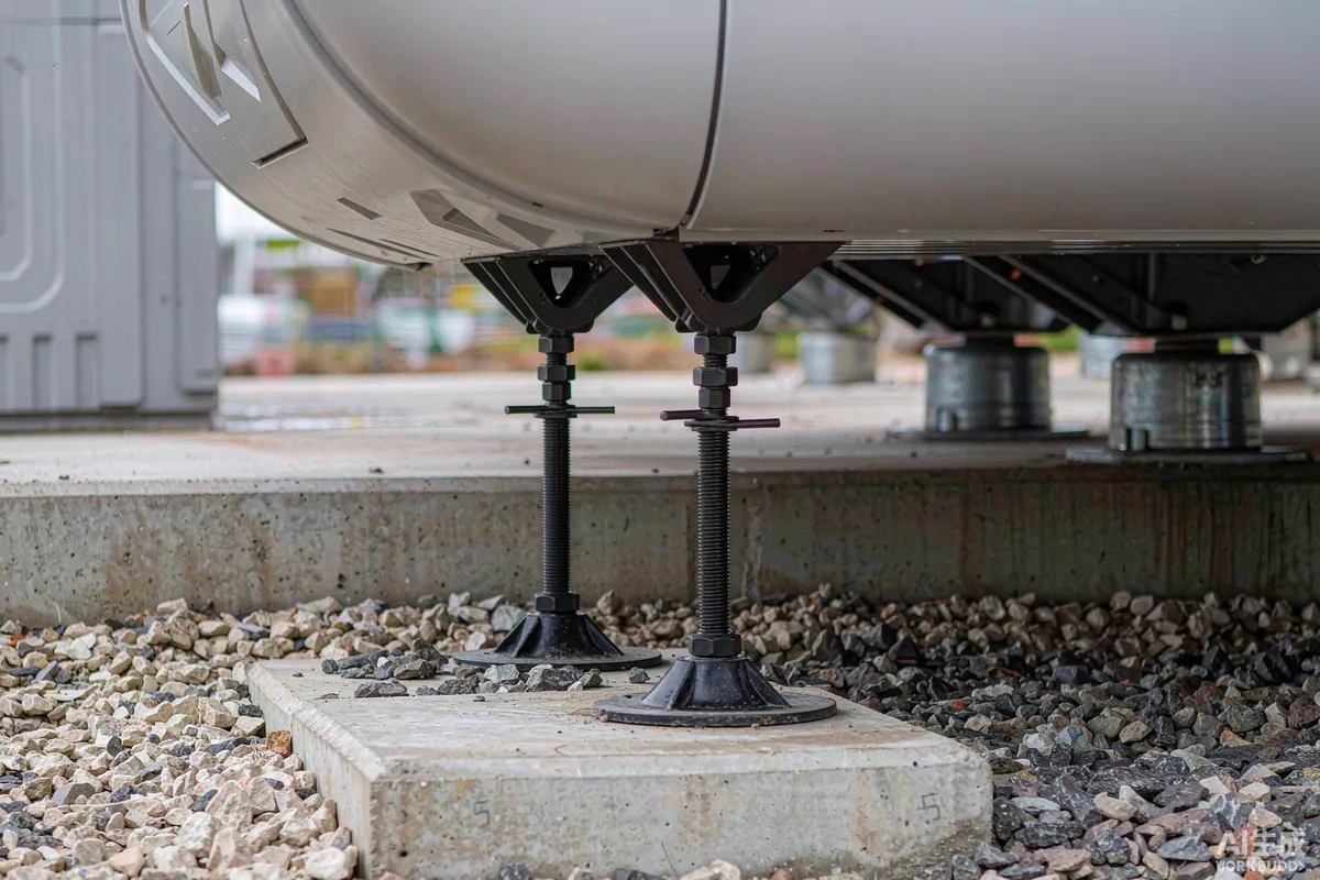Adjustable steel support foot resting on a concrete pier beneath a capsule home