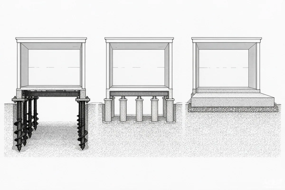 Cross-section diagram comparing ground screw, concrete pier and slab foundations for a prefab unit