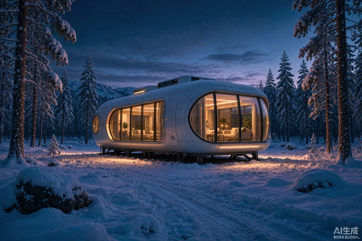 Prefab capsule home in a snowy forest clearing at blue hour with warm light from panoramic windows