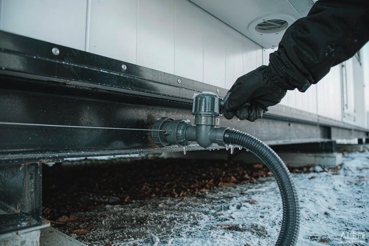 Drain-down valve and flexible hose water connection under a capsule home in frost