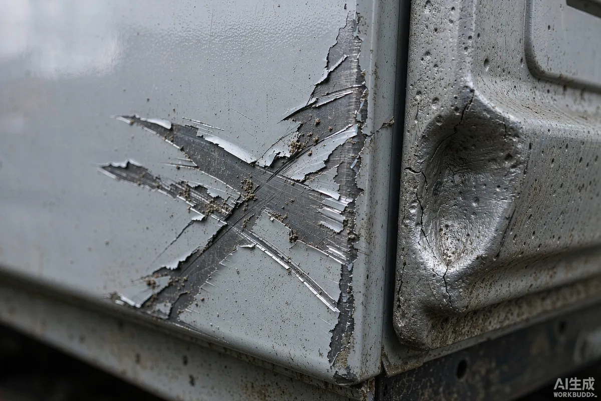 Scuffed painted steel panel and a dented corner casting on a delivered prefab module