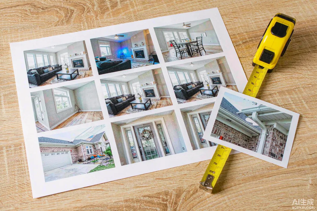 Inspection report and printed photographs laid out on a desk beside a tape measure
