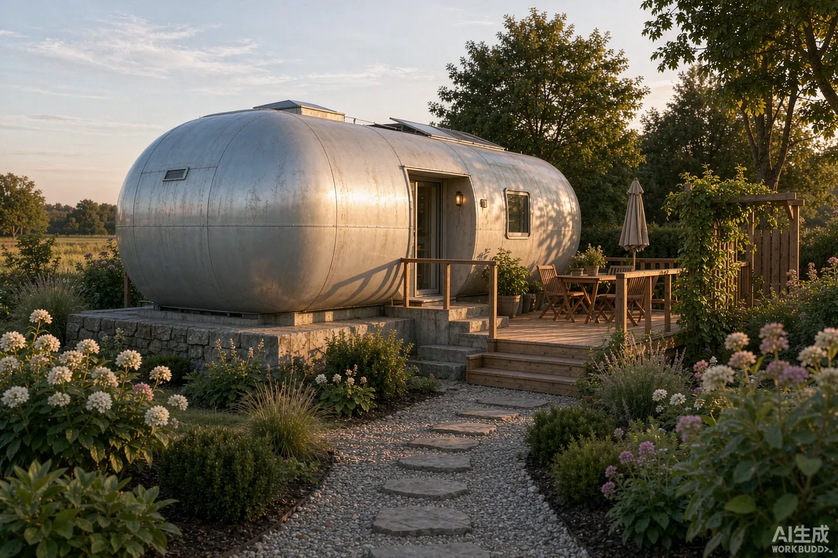 Well-kept prefab space capsule home on a permanent foundation with landscaped path, deck and mature planting