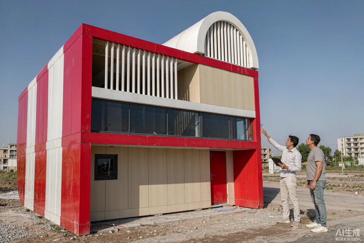 Property inspector with a tablet examining the exterior envelope of a prefab capsule home alongside an owner