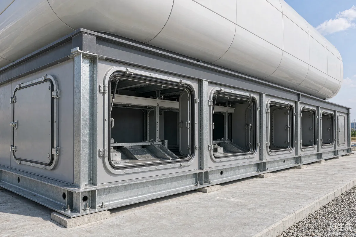 Clean weatherproof base frame of a prefab capsule home showing access panels for long-term maintenance