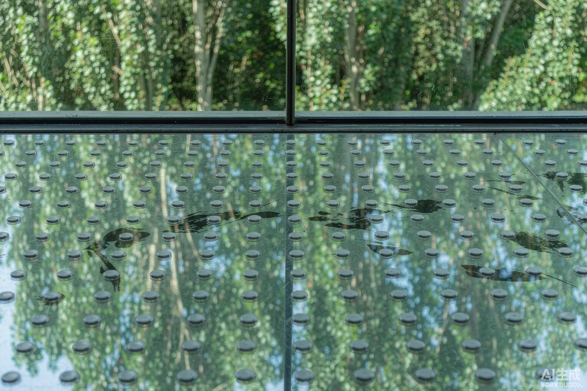 Close-up of external dot-pattern deterrent markers applied to a large capsule home window beside reflected trees