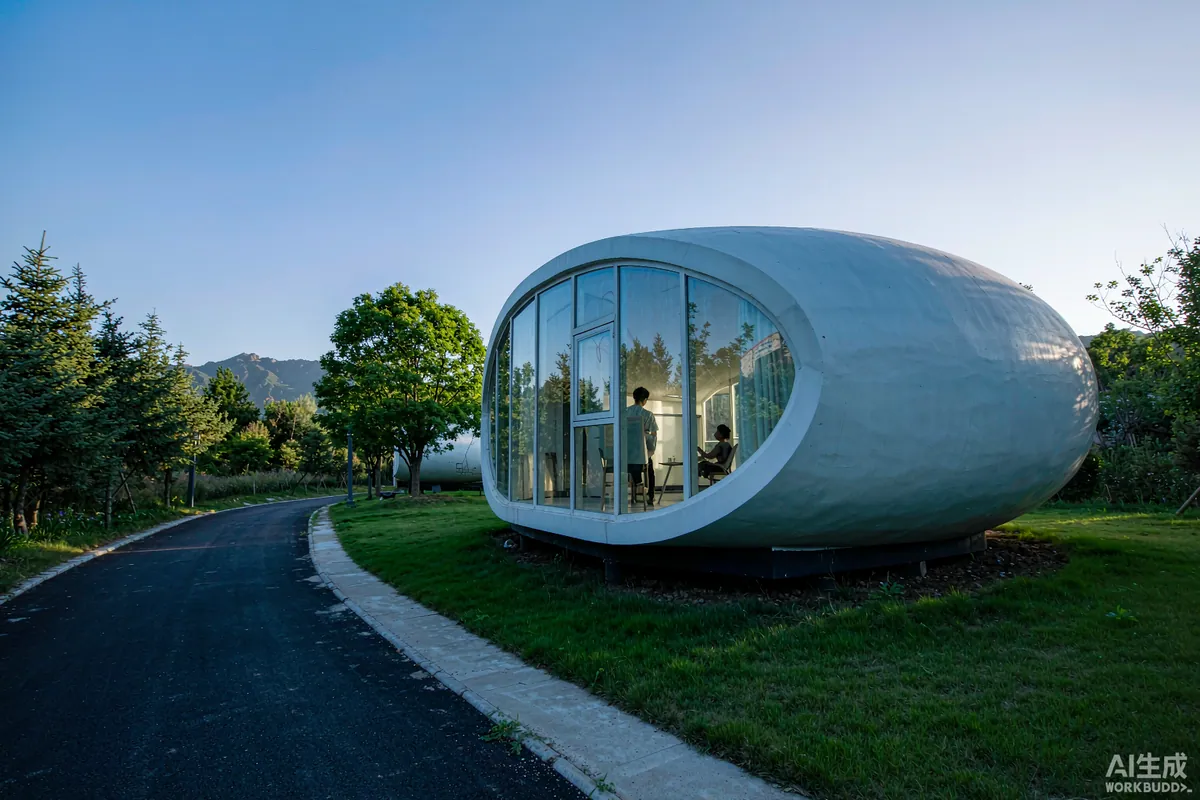 Capsule home with floor-to-ceiling panoramic glass reflecting a mountain range