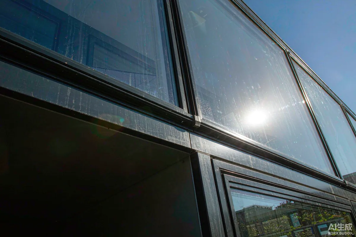 Close-up of a double-glazed panoramic window frame corner showing glass edge and coating reflection