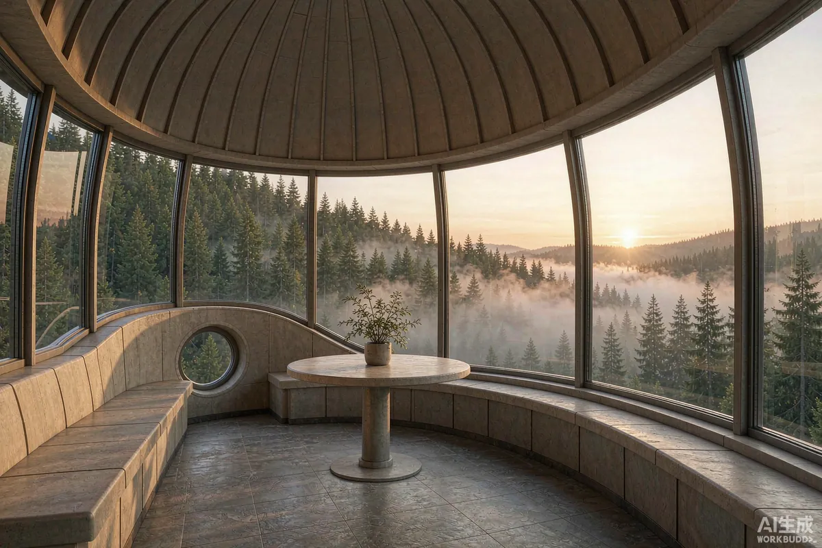 Interior view looking out through panoramic glass of a capsule home at sunrise over a misty forest