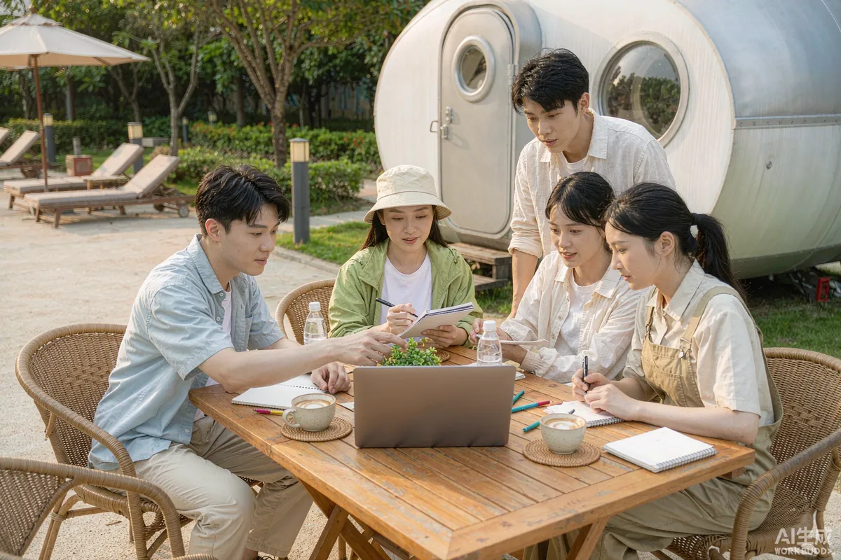 Small resort operations team reviewing guest feedback on a laptop beside a prefab space capsule home