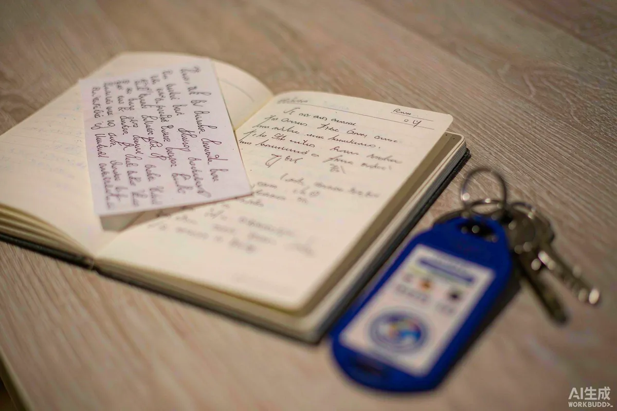Maintenance logbook open on a wooden table beside a set of door keys for a rental capsule home