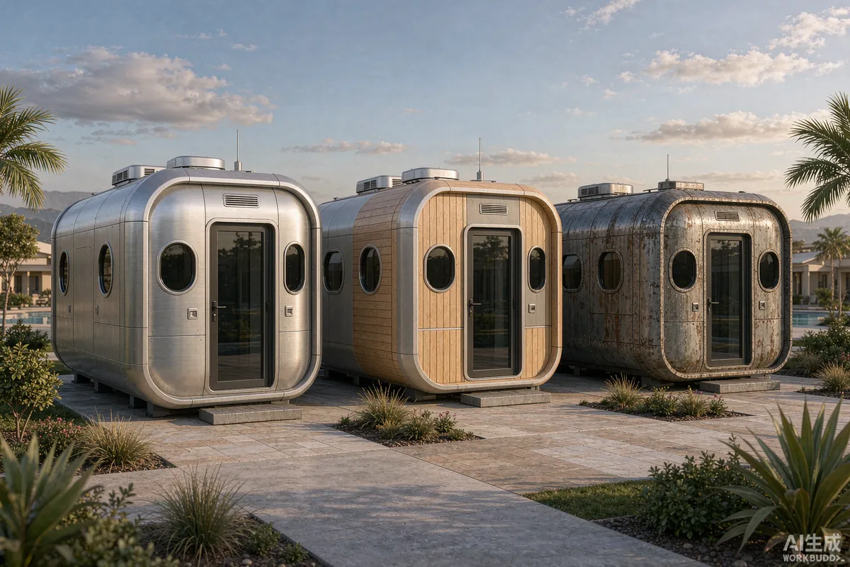 Three prefab space capsule homes in a resort row showing two different exterior finishes and one older unit