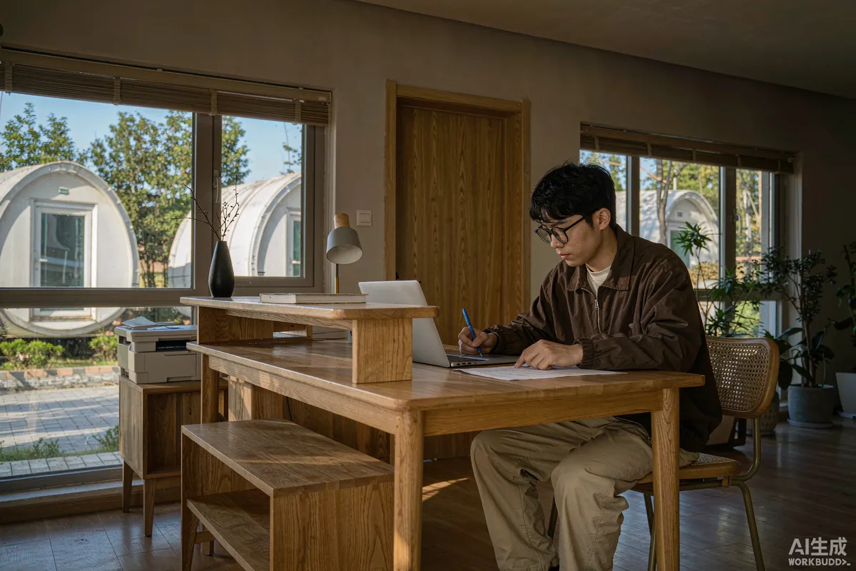 Resort manager at a desk writing scheduled guest messages on a laptop with capsule homes visible through the window