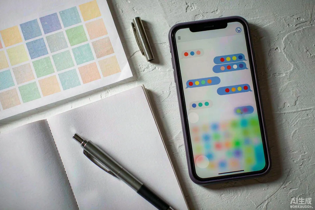 Overhead flat lay of a printed messaging calendar beside a phone showing a chat conversation