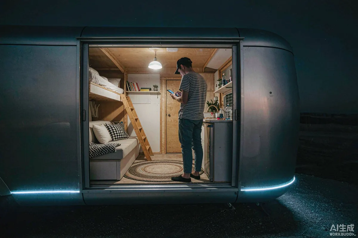 Traveller reading an arrival message on a phone at the lit doorway of a capsule home in the evening