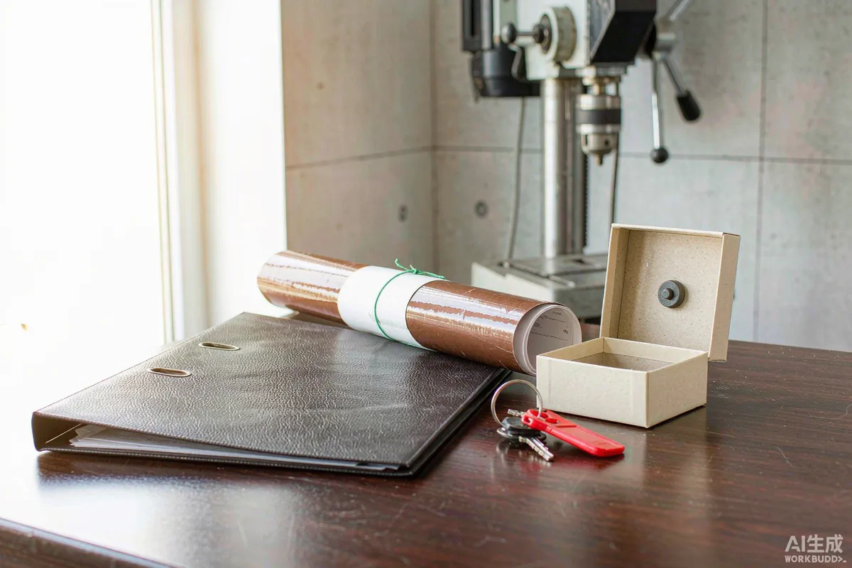 Handover pack on a factory table with a document folder, rolled drawings, keys and a small parts box