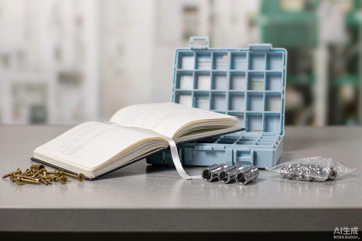 Service log book, spare parts box and small hardware components on a factory workbench