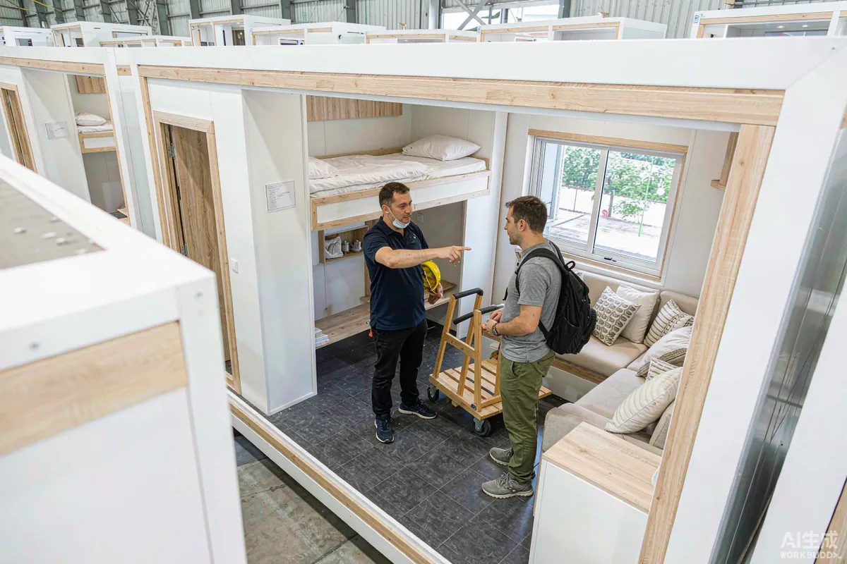 Factory technician walking a buyer through a finished prefab capsule home unit before shipping