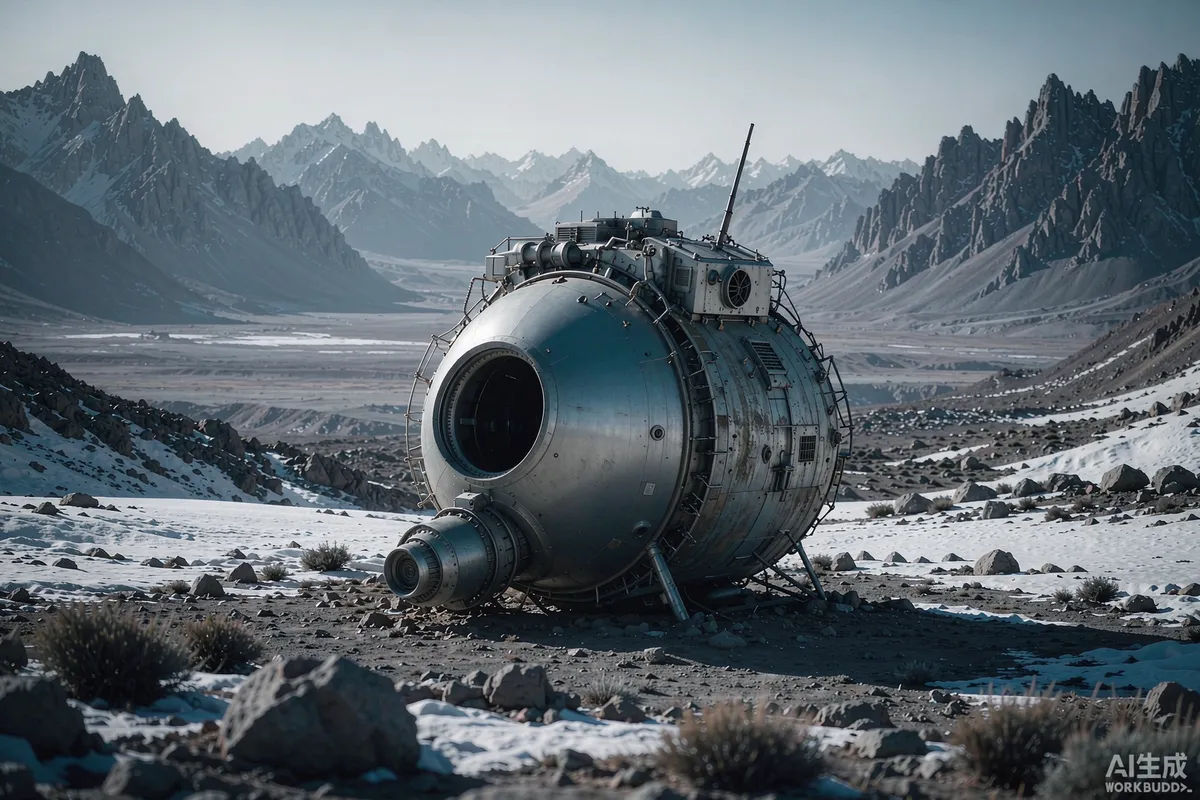 A space capsule home on a high mountain plateau with snow patches and strong clear light