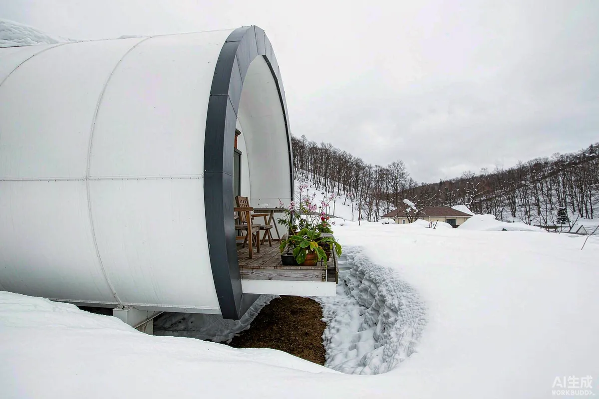Capsule home on a mountain site with snow drift patterns around a sheltered entry and clear external plant area