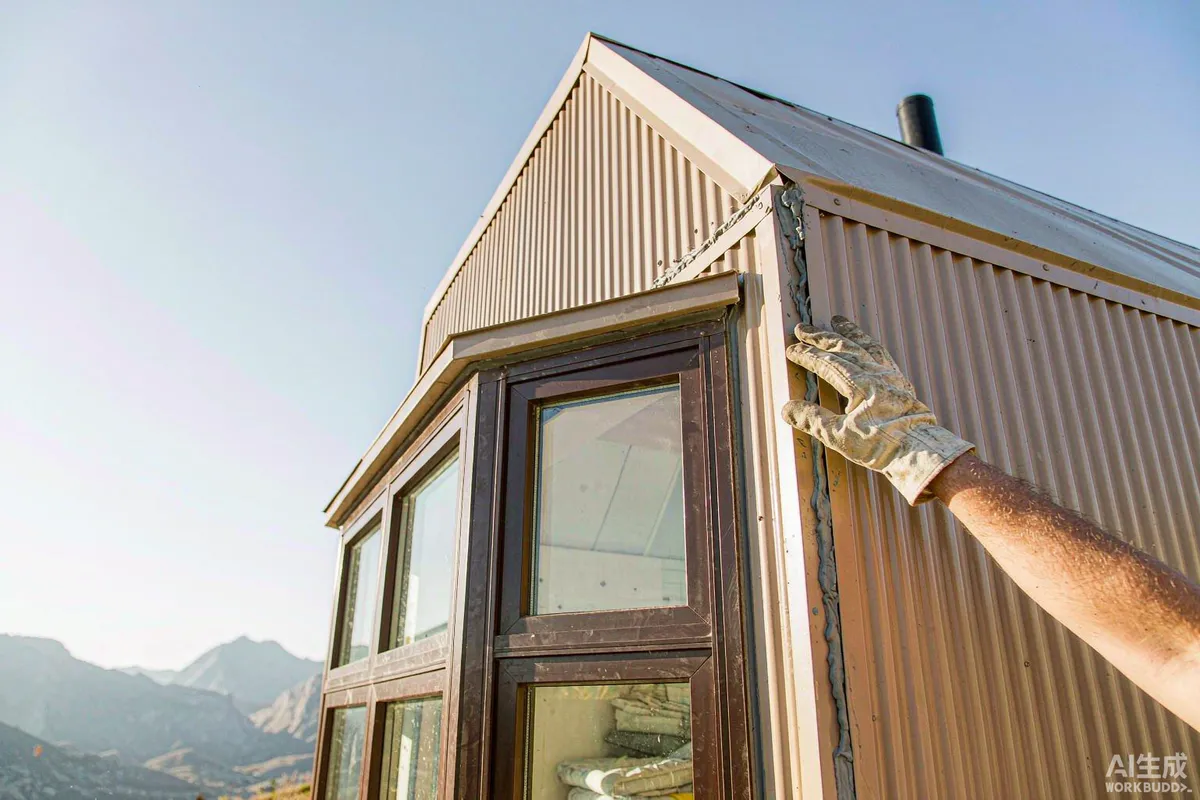 Maintenance technician inspecting window gaskets and exterior sealant on a capsule home in clear mountain light