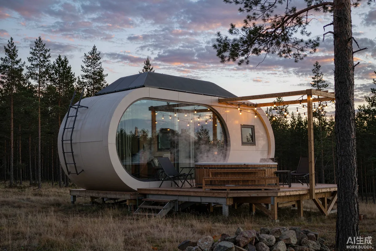 Curved space capsule home at sunset with a round wooden hot tub on the deck, steam rising, pine forest behind