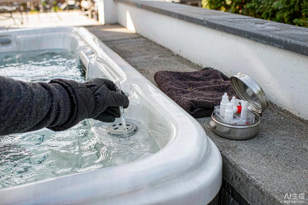 Gloved hand dipping a water test strip beside a hot tub on a prefab home deck