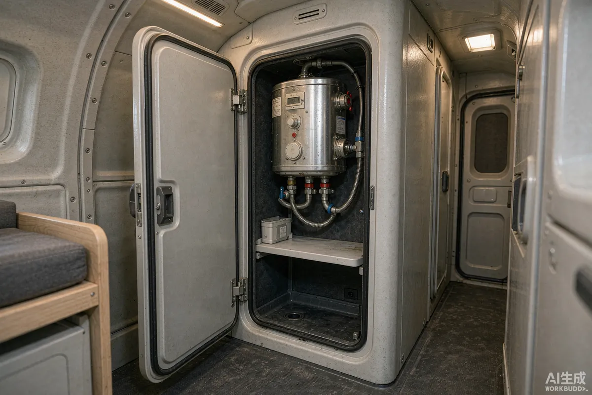 Compact utility cupboard with a small wall mounted electric water heater inside a space capsule home