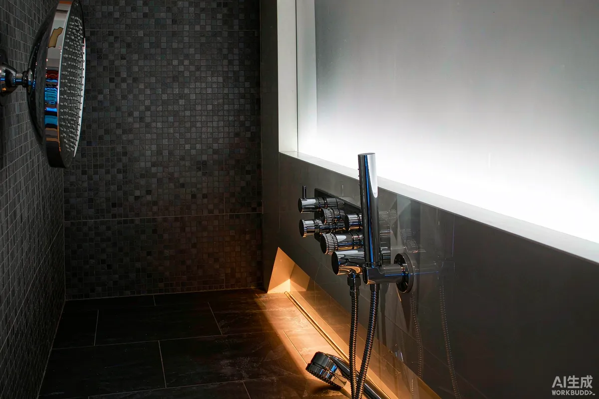 Thermostatic mixer valve and rainfall shower head in a capsule home wet room
