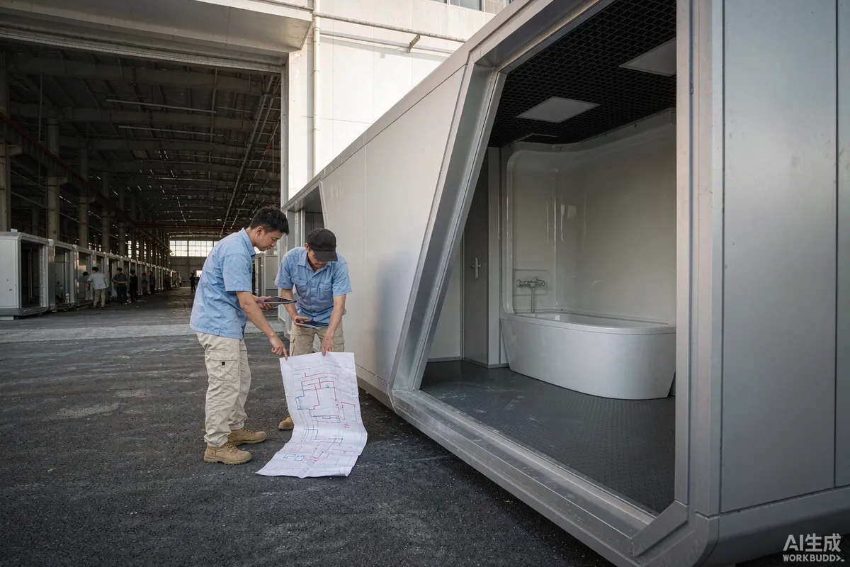 Two technicians discussing hot water pipe layout beside a prefab capsule home bathroom module in a factory