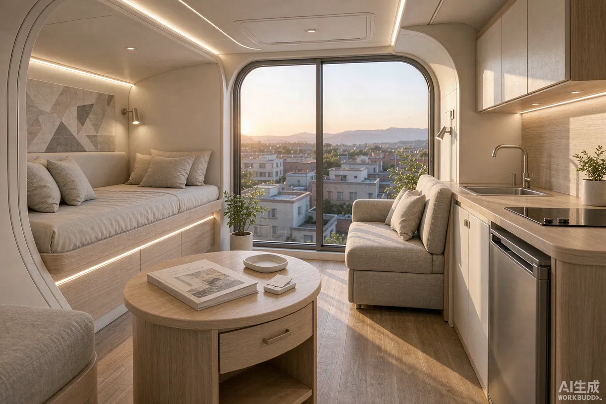 Capsule home interior with a printed welcome folder and key card on a small table beside a panoramic window