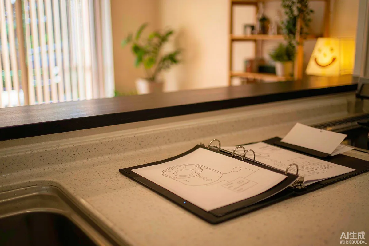Open house manual folder with appliance instruction sheets on a kitchen counter inside a capsule home