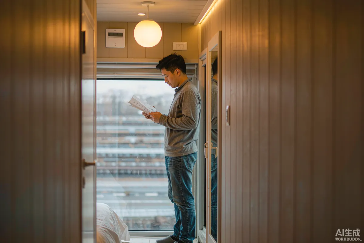 Guest reading a welcome folder at the entrance of a prefab capsule home in warm evening light