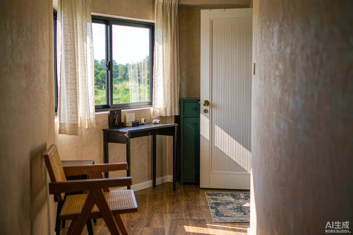 Capsule home rental interior with a console table near the entrance holding a key and welcome card holder
