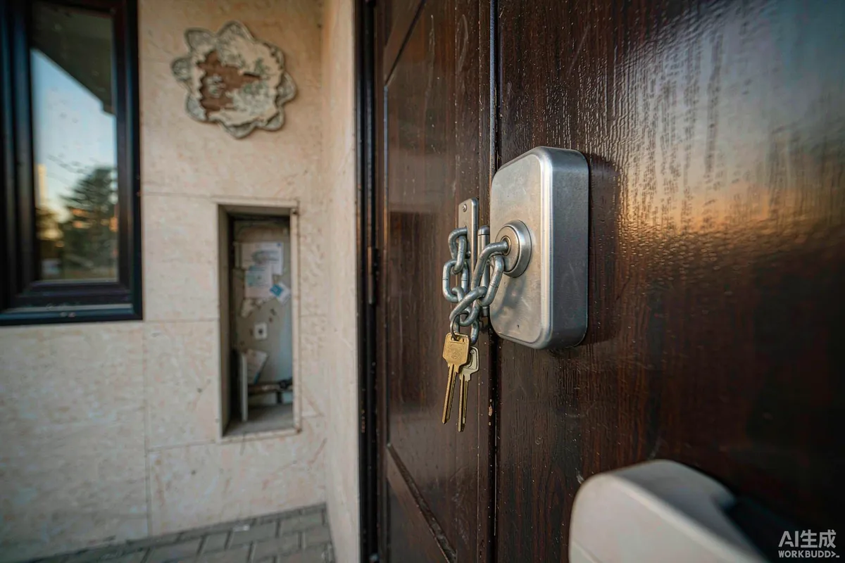 Close-up of a wall-mounted key lockbox and a set of keys at the entrance door of a rental capsule home