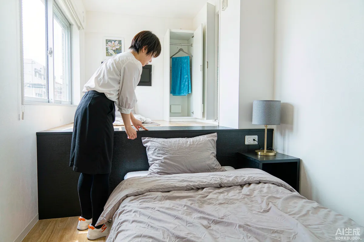 Housekeeper inspecting the bed and bedside area of a capsule home rental after guest departure
