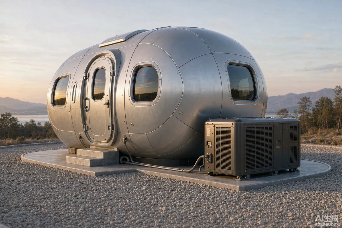 Capsule home exterior with a compact air source heat pump mounted on a plinth beside the pod