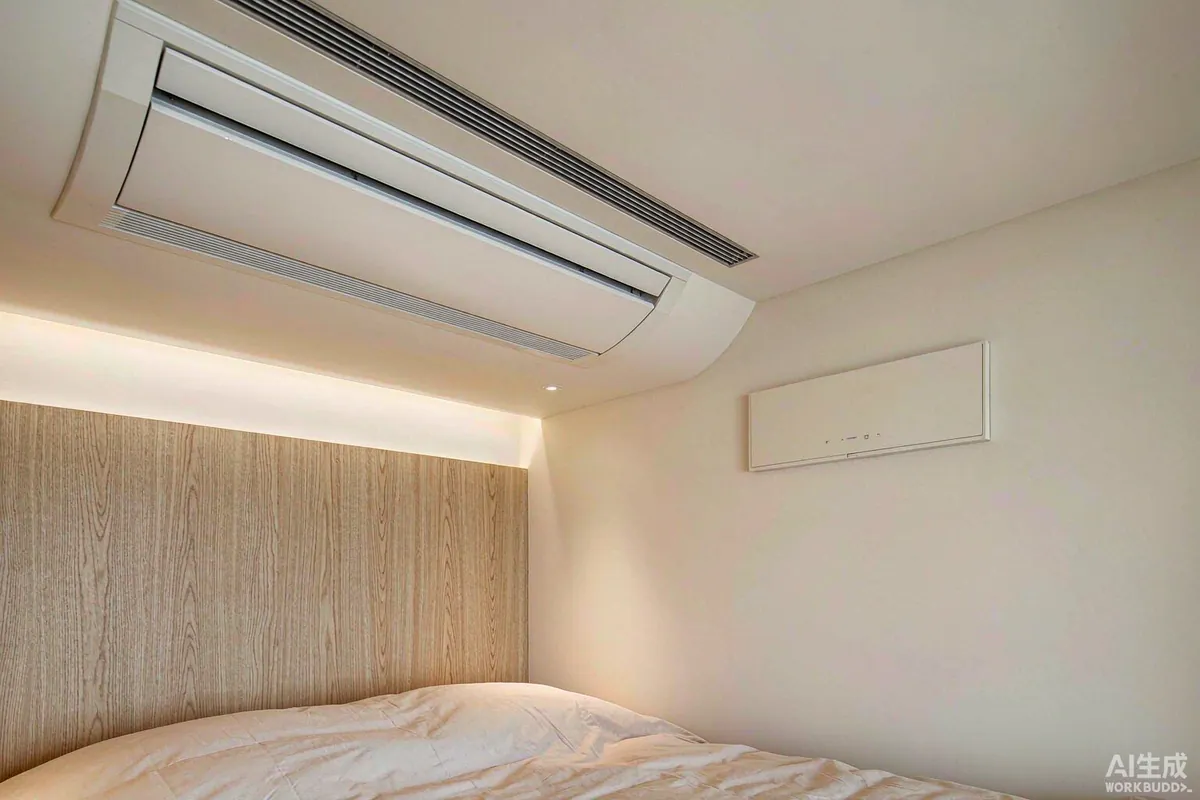 Interior detail of a capsule home with a slim ceiling air conditioning cassette and wall control panel