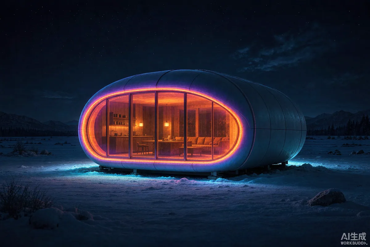 Thermal imaging style view of a well insulated capsule home on a snowy night